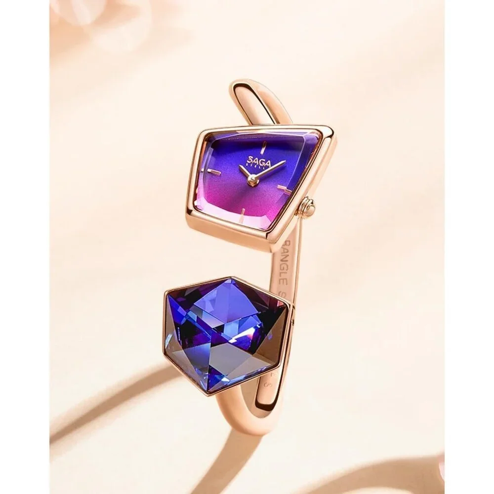 Women's Purple Cuff Bangle Quartz Watch Shaped Mineral Case Stainless Steel